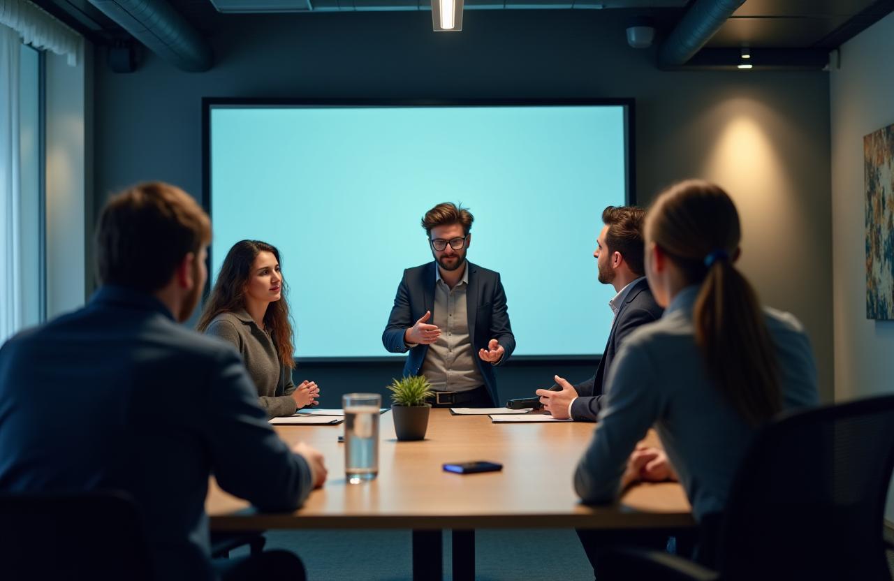 A diverse group of professionals in a modern workshop setting, engaged with a presenter.